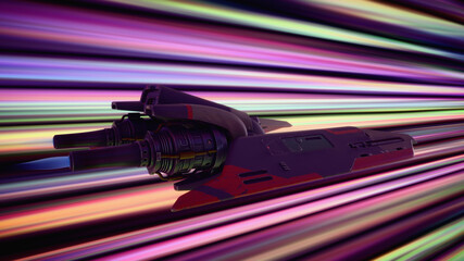 3d render of sci-fi military spaceship warp drive travel explores space at high speed flies into colorful neon energy portal tunnel making hyper jump teleportation to new unknown world, another galaxy
