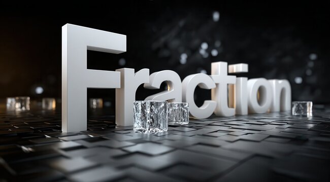 3D rendering of the text "fraction" in white, floating on a black background with square boxes at a 45-degree angle. In front is a large, solid white letter "F" with a steadily. - Powered by Adobe