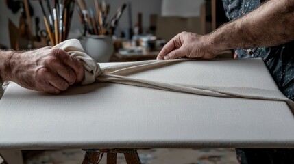 Artistic process preparing a canvas for painting in a creative studio environment close-up view artistic expression