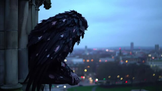 Fallen angel with black wings perched on a building overlooking a city at dusk.