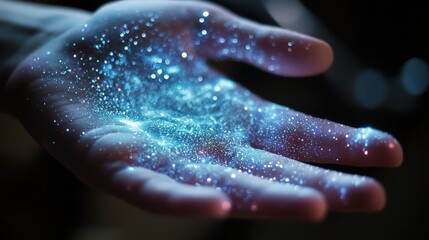 Magical hand of stardust cosmic realm digital artwork surreal environment close-up viewpoint imagination and wonder