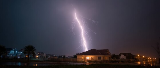 Lightning strike over a suburban neighborhood at night