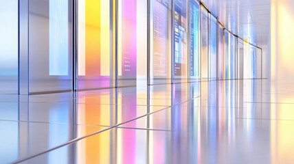 Clean futuristic tech room with transparent panels showing data streams and cloud sync indicators. Data scientist