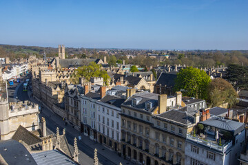Aerial view of the High street and skyline of the city of Oxford