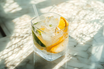 Refreshing drink with citrus and mint on a table