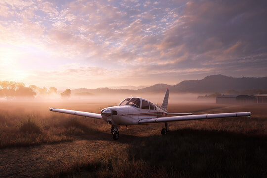 Small private plane parked on a rural airstrip at sunrise, with light fog and soft morning light.