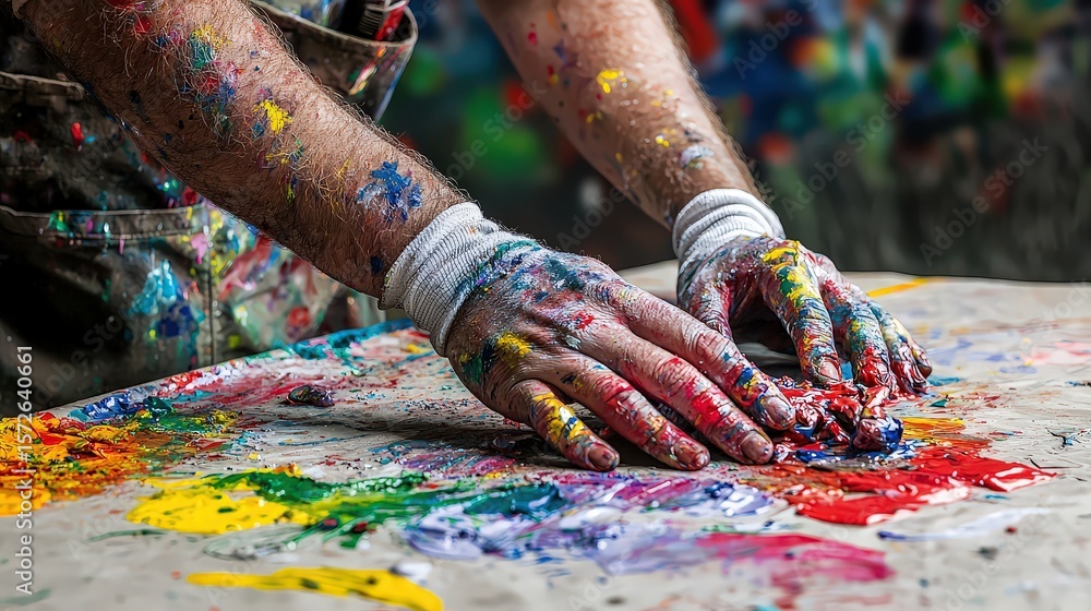 Poster artistic expression through colorful mess creative painting process in a studio capturing the passio