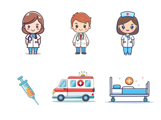 Cute Medical Cartoon Icon Set – Doctor, Nurse, Syringe, Ambulance, Hospital Bed