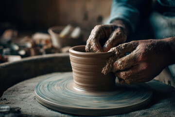 Hands shaping clay on a pottery wheel indoors