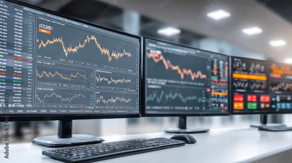 Poster market analysis: a focused view of computer monitors displaying fluctuating financial data, capturin