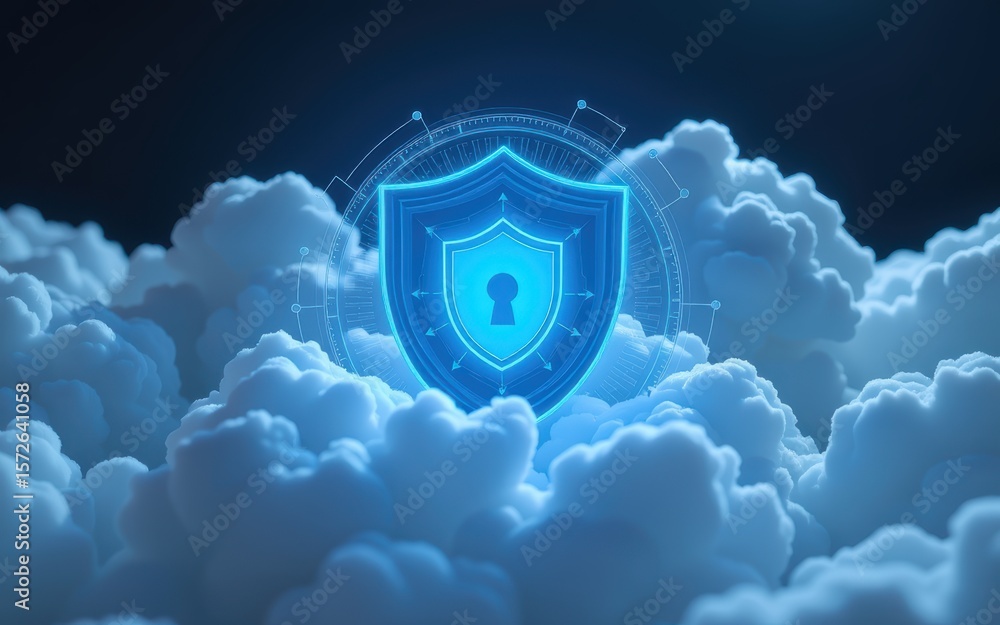 Poster a shield with a keyhole surrounded by clouds and light.