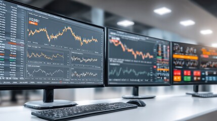 Market Analysis: A focused view of computer monitors displaying fluctuating financial data, capturing the essence of stock trading and investment strategies in a dynamic economic landscape.
