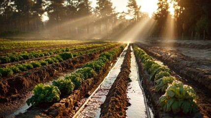 Lettuce plants being watered in a field at sunrise