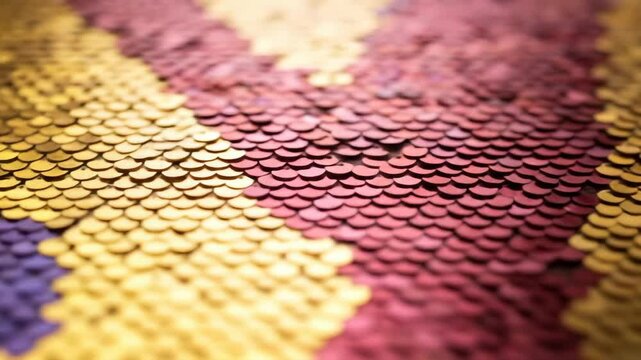 Close-up of shimmering colorful sequins pattern with yellow, purple and red colors. Detailed abstract background with shiny texture.