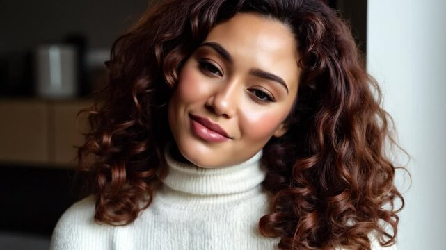 A chubby homely latina woman, long curly hair, wearing a turtleneck, soft smile