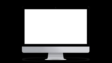 A modern silver desktop computer with a blank white screen against a black background in studio shot