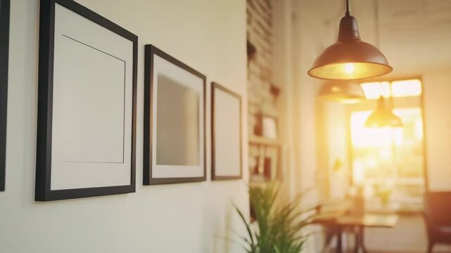 Empty vdo frame on wall with warm sunlight shining through hanging lamp in cozy modern interior room decoration for home ambiance and stylish living space design
