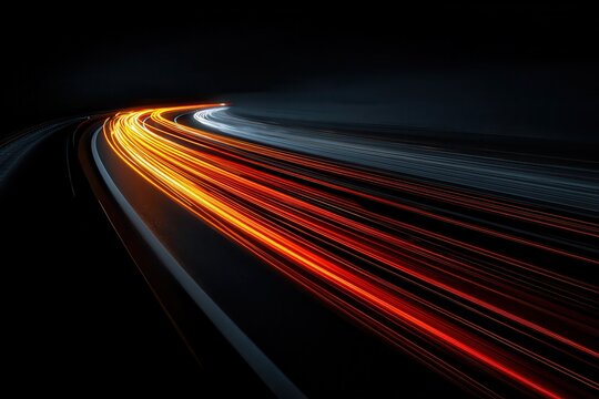 A car on the highway, with long exposure light trails, orange and red color scheme, black background, high speed photography, futuristic style, close-up view, high resolution.