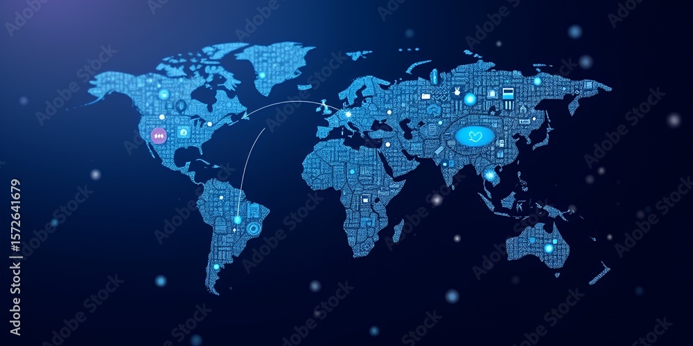 Poster a digital world map with circuit board pattern and glowing connections on dark blue background on tr
