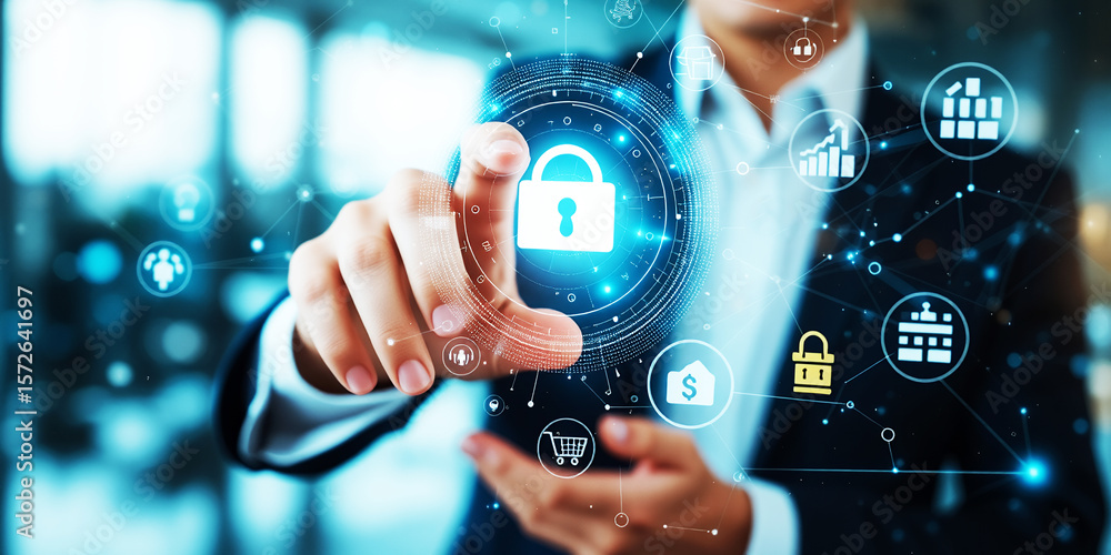 Poster a man interacting with a digital interface showing a padlock and other business icons on transparent