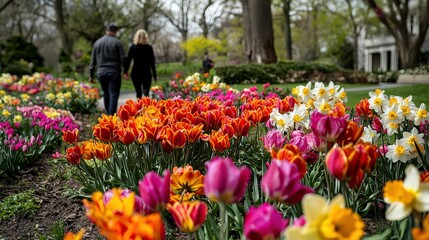 Couple walking through colorful tulip garden in spring beautiful park setting romantic atmosphere nature's splendor