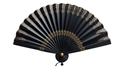 Elegant black folding fan isolated on transparent background. PNG Culture and Religion