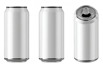 Three white aluminum beverage cans, front and side views