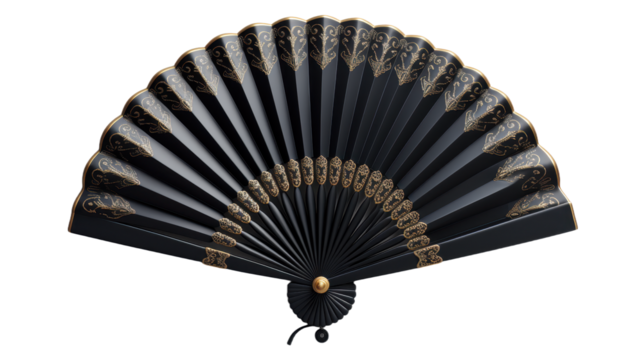 Elegant black folding fan isolated on transparent background. PNG Culture and Religion