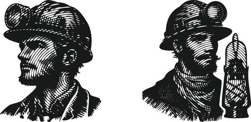  Heavy lined effect black vector bundle featuring a miner worker man wearing a helmet with a lantern, gritty vintage engraving style industrial profession illustration design