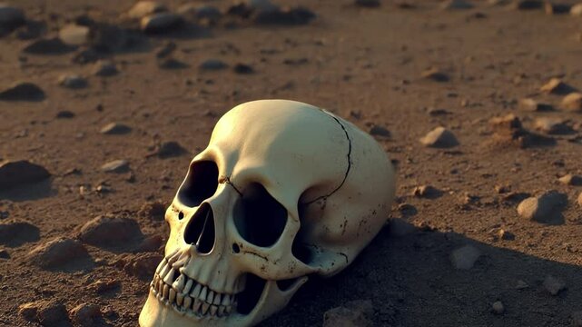 A human skull lies on the ground in a desolate industrial wasteland, a grim symbol of human extinction, a post-apocalyptic future, and the consequences of environmental disaster