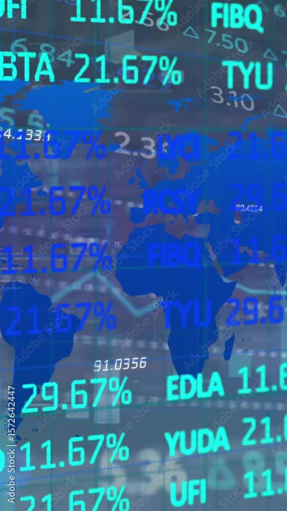 Poster animation of financial data processing over world map