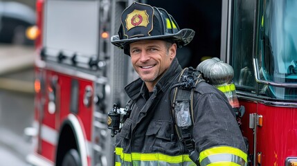 Heroic firefighter responds to emergency call city street portrait urban environment close-up bravery in action
