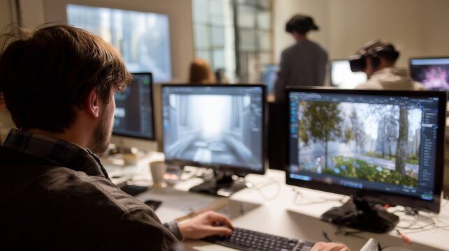 Innovative digital artists collaborate on virtual landscape projects in a modern workspace filled with technology