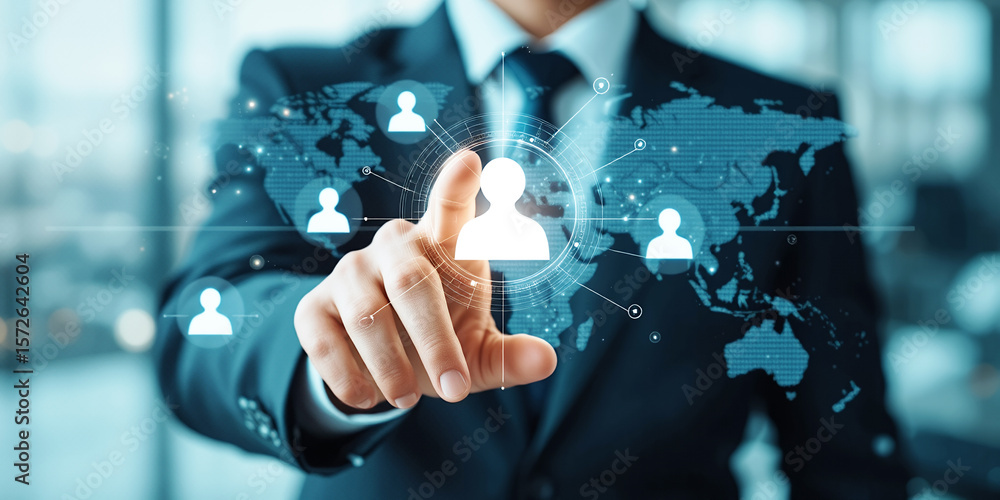 Aufkleber a man in a suit touching a digital interface with a world map and people icons shown on transparent 