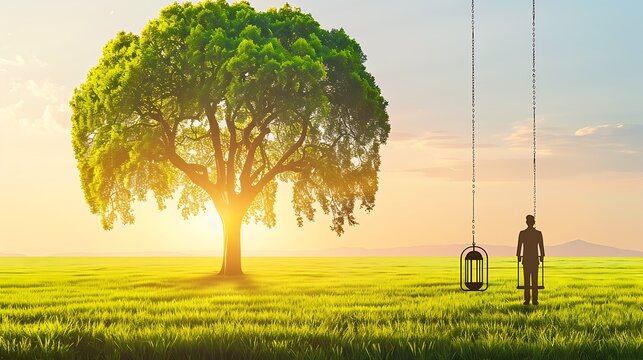 Conceptual serenity: contemplative figure near tree with surreal digital swing visualization