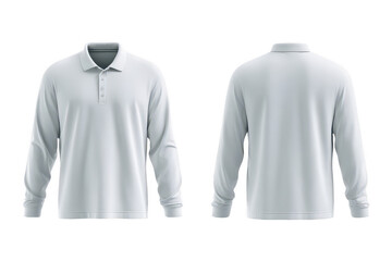 Front and back view of a blank, light-gray polo shirt with long sleeves