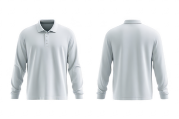 Front and back view of a blank, light-gray polo shirt with long sleeves