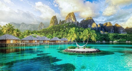 Tropical overwater bungalows with dramatic mountain backdrop, crystal-clear turquoise waters, and a tiny island hammock oasis - AI Generated Digital Art