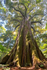 Majestic ancient tree in a sun-dappled forest, viewed from the base looking upward to emphasize its monumental scale  – AI Generated Digital Art.