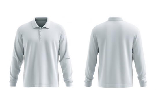 Front and back view of a blank, light-gray polo shirt with long sleeves