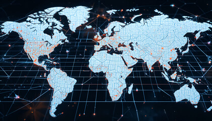 Depiction of the digital world map highlighting global network connections, illustrating advanced technology with gridlines and vibrant city nodes.