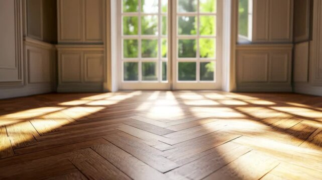 Sunlight wooden floor parquet window interior empty room natural light bright shadow warm cozy classic home architecture hardwood pattern residential daylight wood texture bright room interior design