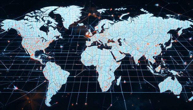 Depiction of the digital world map highlighting global network connections, illustrating advanced technology with gridlines and vibrant city nodes.