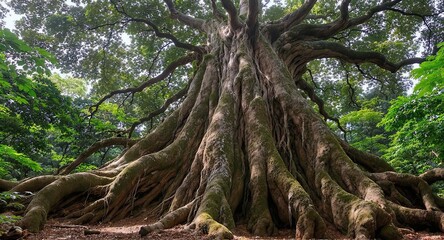 A massive ancient tree with sprawling roots and twisting branches towers in a lush green forest, evoking timeless majesty and natural wonder – AI Generated Digital Art