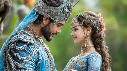 Royal love story enchanted garden romantic portrait fantasy atmosphere close-up view captivating connection