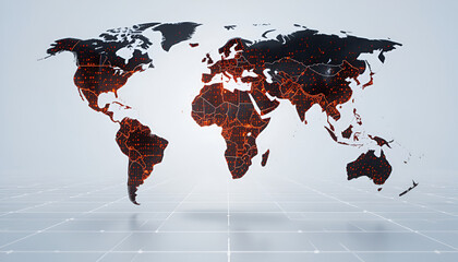 Digital world map shows glowing red network connections, representing technology, communication, and global connectivity on a modern background.