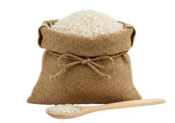 Isolated Burlap Sack Filled with Rice and Wooden Spoon