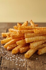 Golden brown french fries with salt seasoning, crispy potato sticks, comfort food photography, restaurant style snack food
