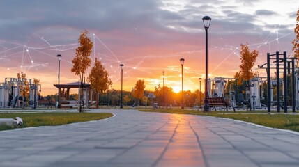 Smart Park at Sunset: A picturesque park pathway at sunset, featuring modern streetlights, exercise equipment, and a subtle network overlay suggesting smart city technology.