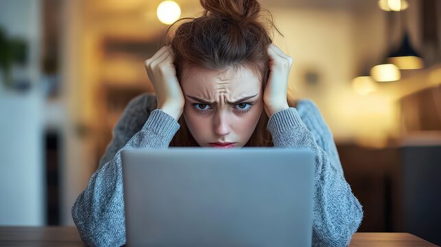 Frustrated student struggles with online learning at home emotional distress laptop environment intimate perspective